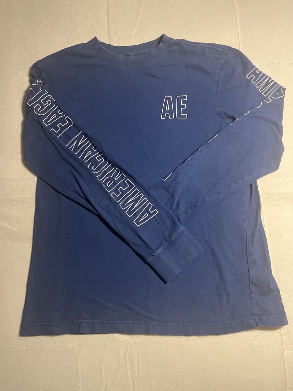 American Eagle Men’s Medium Blue Long Sleeve Shirt Sleeve Spellout AE Super Soft